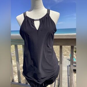 WHBM Black Strappy Layered Chiffon Keyhole Tank